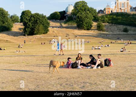 London, 15.. Juli 2022. Wetter in Großbritannien. Die Öffentlichkeit zieht sich in den Greenwich Park, um den heißen Sommer freitagnachmittag zu genießen, da Sonnenstrahlen das Gras im Park austrocknen, ein nationaler Notfall in Großbritannien wurde ausgerufen, nachdem zum ersten Mal eine rote extreme Hitzewarnung ausgegeben wurde, da die Temperaturen am kommenden Montag 40C Grad erreichen könnten. London, England. Quelle: Xiu Bao/Alamy Live News Stockfoto