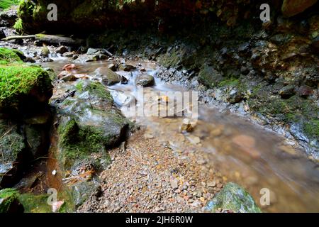 Wasser fließt in den Bach, der unter dem Glen Wasserfall von Parfrey in der Nähe des Devil's Lake State Park in Wisconsin, USA, fließt. Stockfoto