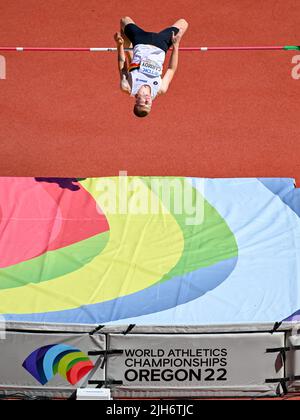 Oregon, USA. 15.. Juli 2022. EUGENE, USA - 15. JULI: Thomas Carmoy aus Deutschland tritt im Hochsprung während der Leichtathletik-Weltmeisterschaften am 15. Juli 2022 in Eugene, Oregon, USA an (Foto: Andy Astfalck/BSR Agency) Atletiekunie Credit: Orange Pics BV/Alamy Live News Stockfoto