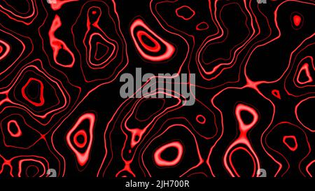3D Rendern. Eine flüssige Textur rot auf schwarzem Hintergrund mit Neonfarbe. Abstrakte Formen. Es ist ein Hintergrund, der eine Flüssigkeit mit geschwungenen Linien simuliert und wie Farbe aussieht. Stockfoto