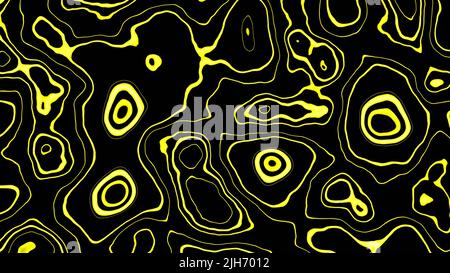 3D Rendern. Muster aus gelben Wellenlinien auf schwarzem Hintergrund, die einen Neoneffekt erzeugen. Ein moderner Hintergrund für Layouts, Cover, Vorlagen und mehr. Flüssige Textur mit Linien. Stockfoto