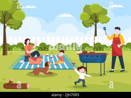 BBQ oder Barbecue mit Steaks on Grill, Toaster, Wurst, Huhn, Gemüse und Menschen auf Picknick oder Party im Park in flacher Cartoon-Illustration Stock Vektor