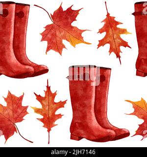 Aquarell, handgezeichnetes nahtloses Muster mit Gummistiefeln, rot-orange-gelben Herbstblättern, Ahorneiche, Weinblatt. Oktober september Danksagehintergrund mit Waldbeeren Stockfoto