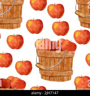 Aquarell von Hand gezeichnetes nahtloses Muster mit reifen Ernteäpfeln im Eimer Korb. Thanksgiving Herbstfarm-Stoffdruck. Obst-Stoffdruck für Verpackungen aus Papier Stockfoto