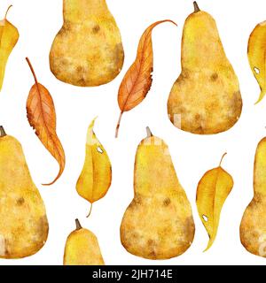 Aquarell von Hand gezeichnete nahtlose Muster mit reifen Ernte reifen gelben Birne. Thanksgiving Herbstfarm-Stoffdruck. Obst-Stoffdruck für Verpackungen aus Papier Stockfoto
