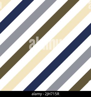 Muster diagonal nahtlos gestreift. Kontrastierende Creme-, Blau-, Grau- und Olivgrün-Farbe auf weißem Hintergrund. Stockfoto