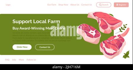 Unterstützung lokaler Bauernhof kaufen Fleisch online, Website-Seite Stock Vektor