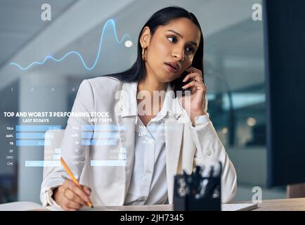 Ich denke, es ist ein guter Zeitpunkt, um zu investieren: Eine attraktive junge Geschäftsfrau, die nachts in ihrem Büro sitzt und Technologie nutzt, um dem Aktienmarkt zu folgen. Stockfoto