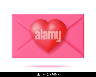 3D Offener Briefumschlag mit isoliertem rotem Herzen. Stock Vektor