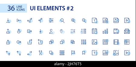 Einfache Strichart-Symbole für UI-Elemente gesetzt. Pfeile, Dateityp, Layout, Lupe usw. Pixel perfekte, bearbeitbare Kontur Stock Vektor