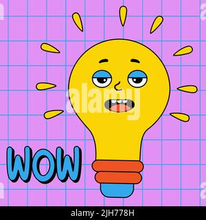 Lustige Zeichentrickfigur. Groovy Element funky brennende Glühbirne mit lustigen Gesicht. Wow. Vektor-Illustration trendy Retro-Cartoon-Stil. Comic-Element Stock Vektor