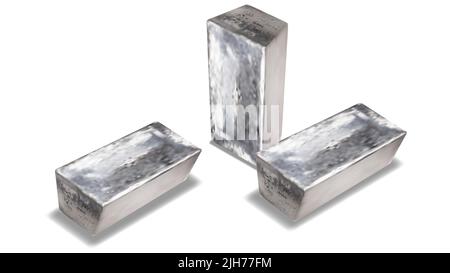 Set aus drei realistischen silbernen Metallstäben, isoliert auf Weiß. Barren aus Aluminium, Palladium oder Zink. Vektorgrafik. Stock Vektor