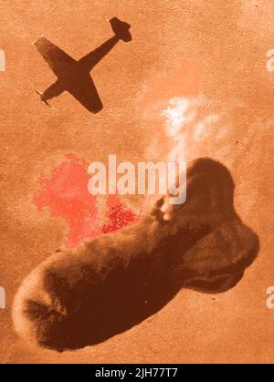2. Weltkrieg - Ein britischer Stauschwellen-Ballon wird von einem deutschen Messerschmitt-Flugzeug heruntergebracht. Stockfoto