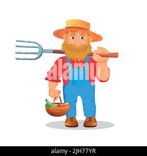 Glücklicher Bauer mit einem Korb mit Gemüse und Pitchfork. Stock Vektor