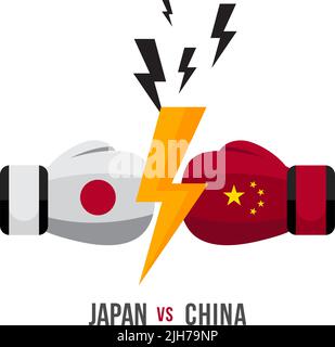 Japan vs. China. Konzept von Handelskrieg, Kampf oder Krieg an der Grenze zwischen japan und china. Vektorgrafik. Stock Vektor