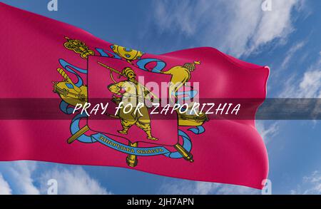 Fahne von Saporischschja, betet für die Region Saporischschja in der Ukraine, betet für die Ukraine, flagiert die Region Ukraine und blauer Himmel, 3D Arbeiten und 3D Illustrationen Stockfoto