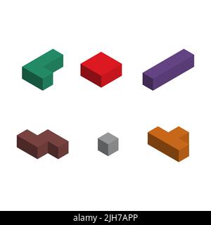 Satz von Farbe Tetris isometrischen Block, Farbe Puzzle-Symbol, Logik Spaß Spiel Vektor Illustration. Stock Vektor