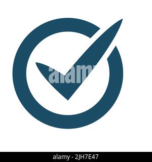 Hochwertiges dunkelblaues Flach-Karabell, Häkchen, Markierungszeichen. Piktogramm, Technologie, Objekt. Nützlich für Websites, Banner, Grußkarten, Apps und soziale Medien Stockfoto