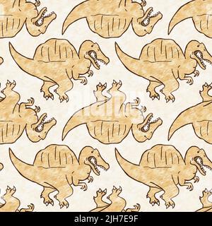 Braunes, handgezeichnetes Spinosaurus-Dinosaurier-Nahtloses Muster. Gender Neutral Jurassic fossile Silhouette für Baby-Nursery. Home Dekor für Museum, Aussterben Stockfoto