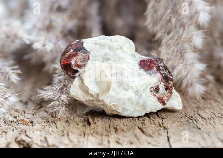 Natürlicher roher roter Pyrop Granat Edelstein auf Felsen eingebettet. Natürliches Kristallmineral auf natürlichem Hintergrund mit Kopierraum. Unpolierter Edelstein Stockfoto