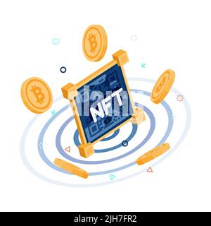 Flache 3D isometrische NFT-Kunst, umgeben von Kryptowährung. Nicht fungible Token- oder Cryptocurrency-Konzepte. Stock Vektor