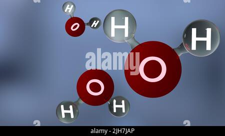 Wassermoleküle, Molekulare chemische Formel H2O, geruchlos, Ball und Stick chemisches Strukturmodell, Makroflüssigkeitsblasen, Partikel im Tröpfchen, Stockfoto