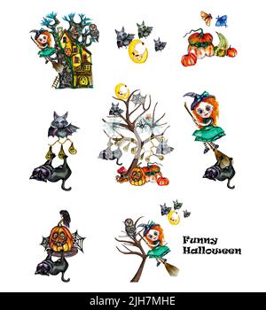 Aquarell niedlichen halloween Kompositionen set.Halloween lustige Sammlung mit handgezeichneten Illustrationen von Hexe, schwarze Katze, Rabe, Eule, Pumpkin, Spinne, Fledermaus Stockfoto