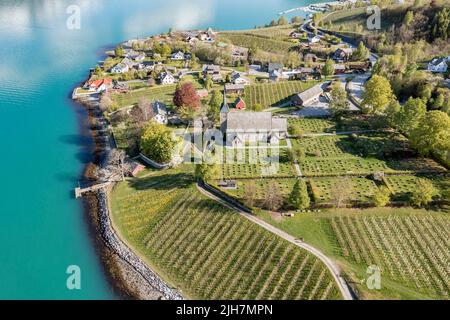 Luftaufnahme von Kirche und Apfelplantagen, Ullensvang bei Lofthus, Hardangerfjord, Norwegen Stockfoto