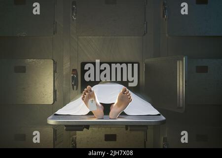 Leichnam eines toten Mannes in offener Zelle im KrankenhausLeichenschauhaus - 3D Rendering Stockfoto