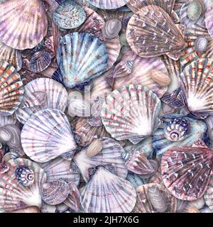 Aquarell Muschel, Stein nahtloses Muster. Handgezeichnete Muscheln und Kieselsteine Textur Vintage Ozean Hintergrund. Aquarell Marine Illustration. Prin Stockfoto