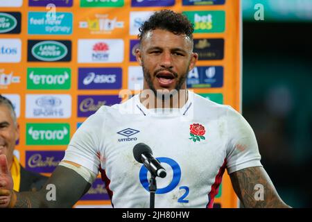 Sydney, Australien. 16.. Juli 2022. Courtney Lawes aus England hält die Siegerrede während des eToro England Series-Spiels zwischen Australien und England am 16. Juli 2022 auf dem Sydney Cricket Ground, Sydney, Australien. Foto von Peter Dovgan. Nur zur redaktionellen Verwendung, Lizenz für kommerzielle Nutzung erforderlich. Keine Verwendung bei Wetten, Spielen oder Veröffentlichungen einzelner Clubs/Vereine/Spieler. Kredit: UK Sports Pics Ltd/Alamy Live Nachrichten Stockfoto