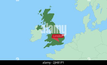 Karte von Großbritannien mit Anstecknadel der Landeshauptstadt. Vereinigtes Königreich Karte mit Nachbarländern in grüner Farbe. Stock Vektor
