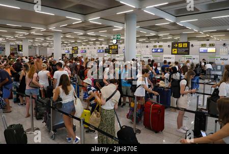 Palma, Spanien. 16.. Juli 2022. Reisende warten am Flughafenschalter der Fluggesellschaft Condor auf die Gepäckabfertigung. Am Wochenende (16./17.07.2022) werden mehr Flüge auf dem Flughafen von Mallorca durchgeführt als vor der Pandemie. Quelle: Clara Margais/dpa/Alamy Live News Stockfoto