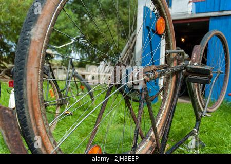 Ein auf dem Kopf stehendes altes rostiges Fahrrad auf dem Gras am Tag Stockfoto