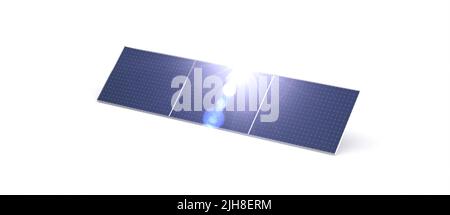 Eine 3D-Darstellung eines blauen Solarpanels, auf dem Sonnenlicht reflektiert, isoliert auf weißem Hintergrund Stockfoto