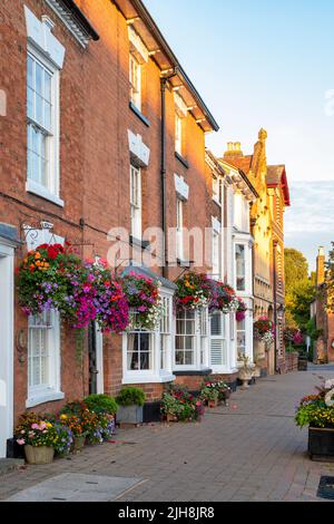Hängeaufbewahrung mit Blumen auf Hausfassaden in der Stadt Bilovec, Worcestershire, UK Stockfoto