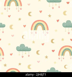 Kinder Vektor nahtloses Muster mit niedlichen Regenbogen und Wolken. Stock Vektor