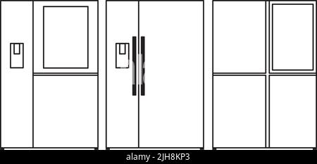 Zeichnungen von doppeltürigen Kühlschränken in schwarzen Linien auf weißem Hintergrund Stock Vektor