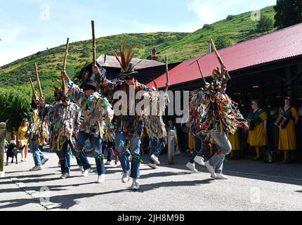 Carding Mill Valley, Church Stretton, Shropshire, Großbritannien. Juli 16. 2022. Die Stretton Hills waren lebendig mit dem Klang von Musik und Tanz, als die Shropshire Bedlams und Martha Rhodens Tuppenny Dish Border Morris Tänzer die Gruppen 47. Geburtstag in Carding Mill Valley, Church Stretton feierten. Kredit: Dave Bagnall /Alamy Live Nachrichten Stockfoto