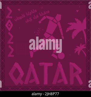 Silhouette von Dummies Fußballspieler in Aktion isoliert auf lila Hintergrund. Fußball-Weltmeisterschaft - Katar. Vektorgrafik Stock Vektor