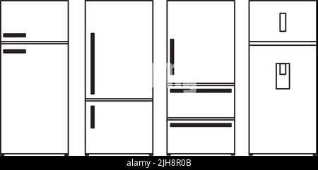 Zeichnungen von Kühlschränken in schwarzen Linien auf weißem Hintergrund Stock Vektor