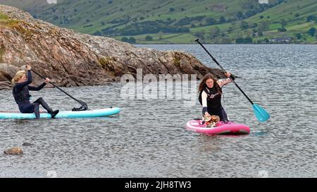 Eine junge weibliche Paddelboarderin mit einer Hauskatze, die am Wastwater Lake in Begleitung einer älteren weiblichen Boarderin Wasdale Cumbria England herausgenommen wurde Stockfoto