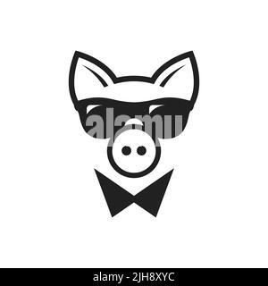 Business-Schwein Gesicht in dunkler Brille und Fliege. Niedlicher Kawaii-Avatar, Maskottchen-Ikone. Flache Vektorgrafik isoliert auf weißem Hintergrund. Stock Vektor