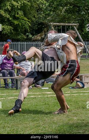 Newquay, Cornwall, Großbritannien. 16. Juli 2020. Teilnehmer der ersten Runde der Mens Open beim Grand Cornish Wrestling Tournament auf dem malerischen Dorfgrün von St. Mawgan in Pydar in Cornwall. Quelle: Gordon Scammell/Alamy Live News Stockfoto