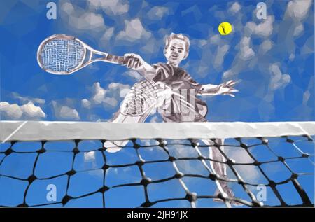 Ein männlicher Tennisspieler über dem Netz aus Froschperspektive, illustriert mit Bleistift - Low Poly Art Stock Vektor