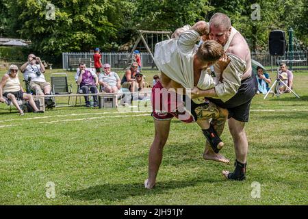 Newquay, Cornwall, Großbritannien. 16. Juli 2020. Teilnehmer der ersten Runde der Mens Open beim Grand Cornish Wrestling Tournament auf dem malerischen Dorfgrün von St. Mawgan in Pydar in Cornwall. Quelle: Gordon Scammell/Alamy Live News Stockfoto