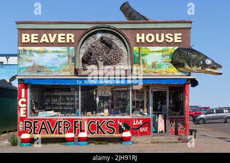 Der Bait-Shop und der Angelladen von Beaver House in Grand Marais, Minnesota. Die monströse Zander-Fischskulptur und Biber auf der Schaufenster war Stockfoto