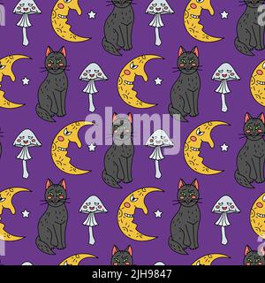 Halloween nahtlose Muster mit niedlichen Cartoon-Katzen, Halbmonde und giftigen Pilzen auf lila Hintergrund Stock Vektor