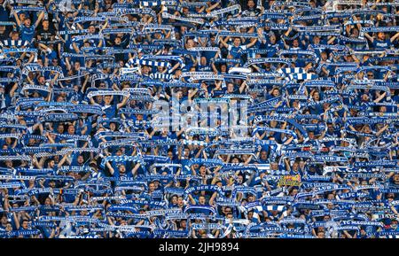 Magdeburg, Deutschland. 16.. Juli 2022. Fußball: 2. Bundesliga, 1. FC Magdeburg - Fortuna Düsseldorf, Matchday 1 in der MDCC Arena. Magdeburger Fans folgen dem Spiel. Kredit: Hendrik Schmidt/dpa - WICHTIGER HINWEIS: Gemäß den Anforderungen der DFL Deutsche Fußball Liga und des DFB Deutscher Fußball-Bund ist es untersagt, im Stadion und/oder vom Spiel aufgenommene Fotos in Form von Sequenzbildern und/oder videoähnlichen Fotoserien zu verwenden oder zu verwenden./dpa/Alamy Live News Stockfoto