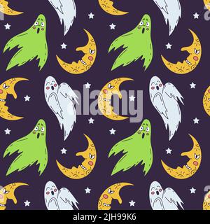 Halloween nahtlose Muster mit niedlichen Cartoon Geister und Halbmonde auf lila Hintergrund Stock Vektor